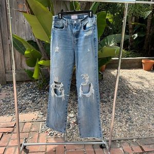 FRAME denim long distressed straight leg denim